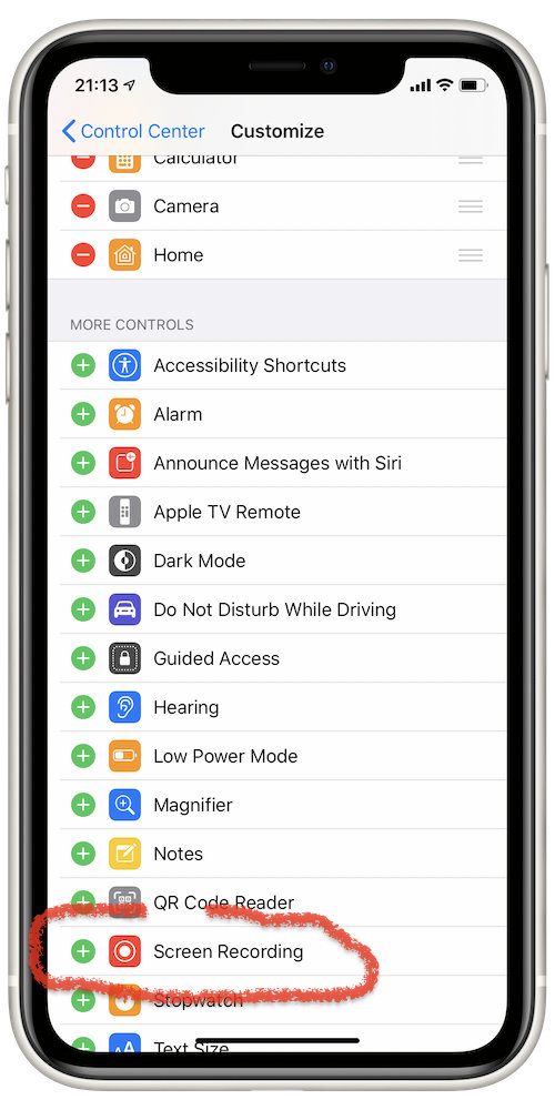 Scroll way down the list to find the More Controls section and find Screen Recording