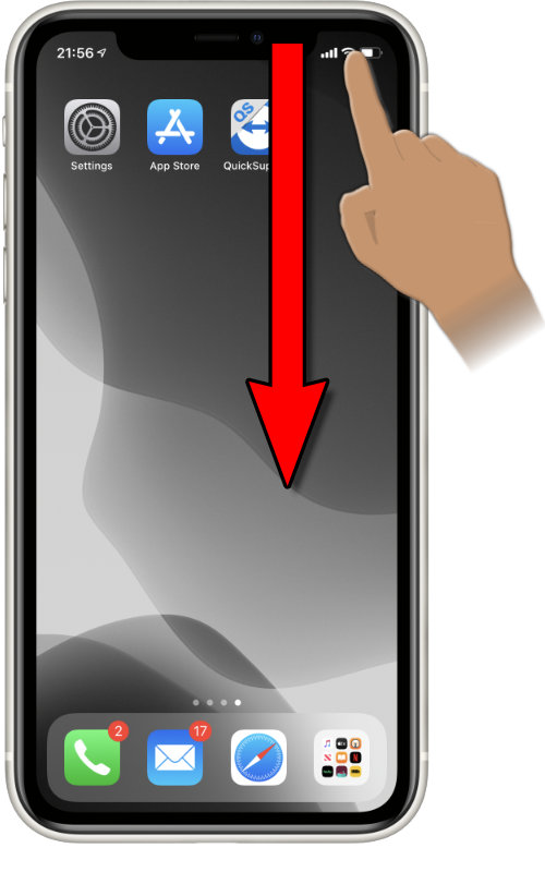 Image of an iPhone X with finger poised to drag down from the upper right corner
