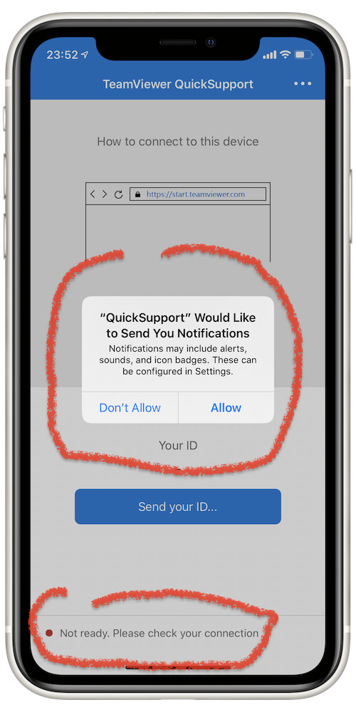Please allow notifications as it will make our life easier, but notice message at the bottom that says TeamViewer is not ready