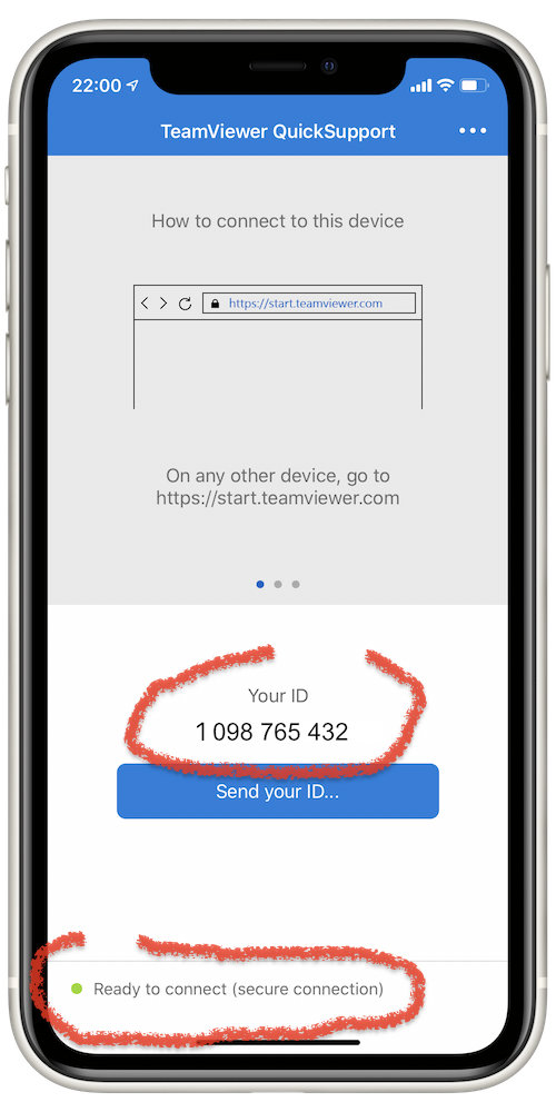Once QuickSupport signs in with TeamViewer's servers, an ID number will appear on your device and the message at the bottom will now say "ready"