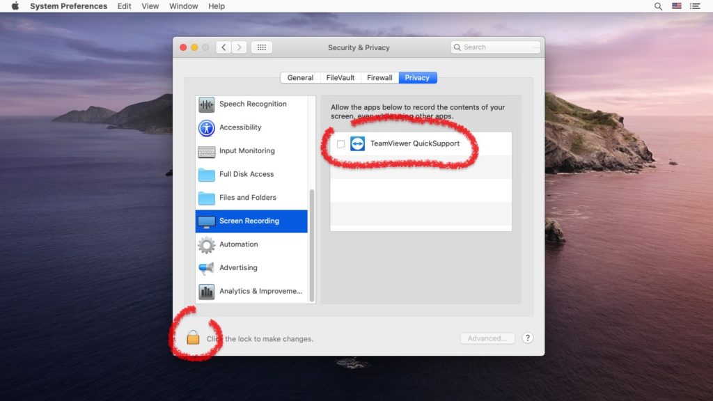 Click on the orange lock in the lower left corner of the screen in order to unlock the System Preferences and then place a checkmark next to TeamViewer QuickSupport