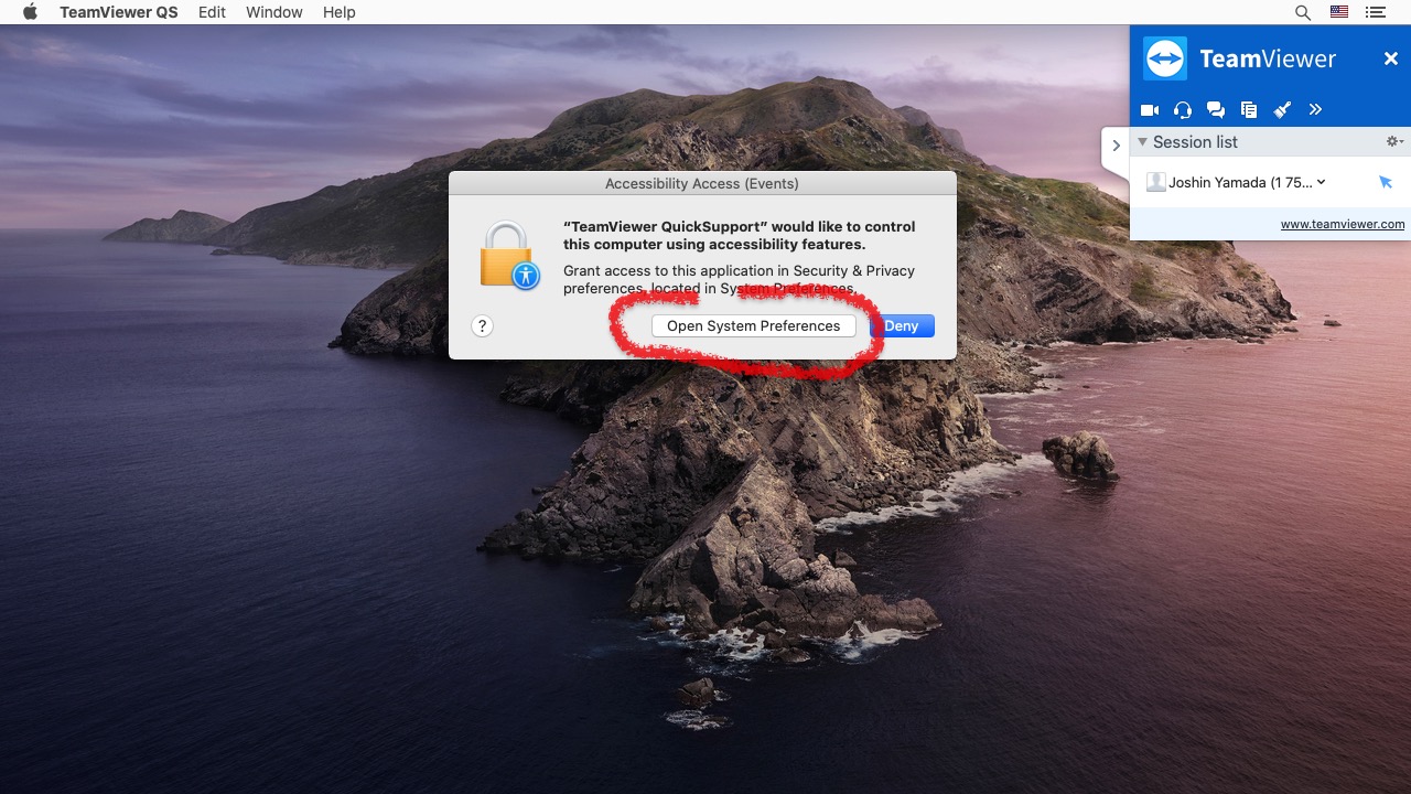 A similar dialog box will ask you for permission to let another person control your screen. Click open system preferences