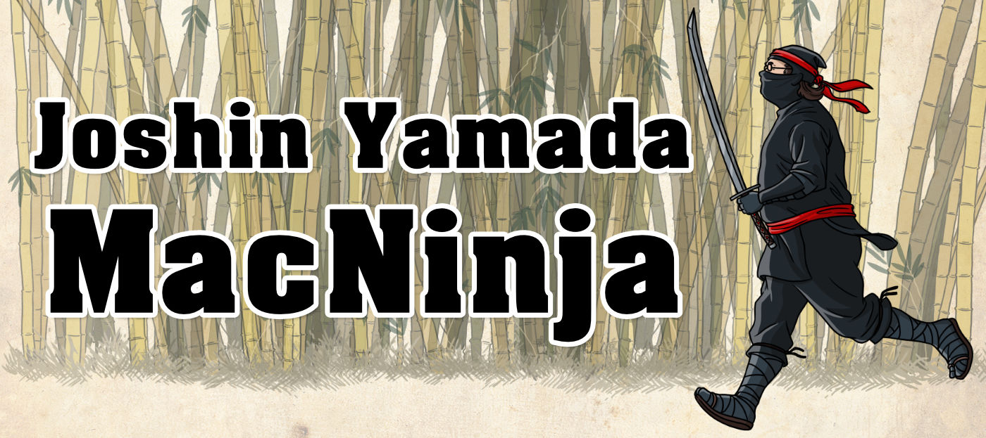 The MacNinja banner- an image of a fat man dressed in black running in front of a bamboo forest