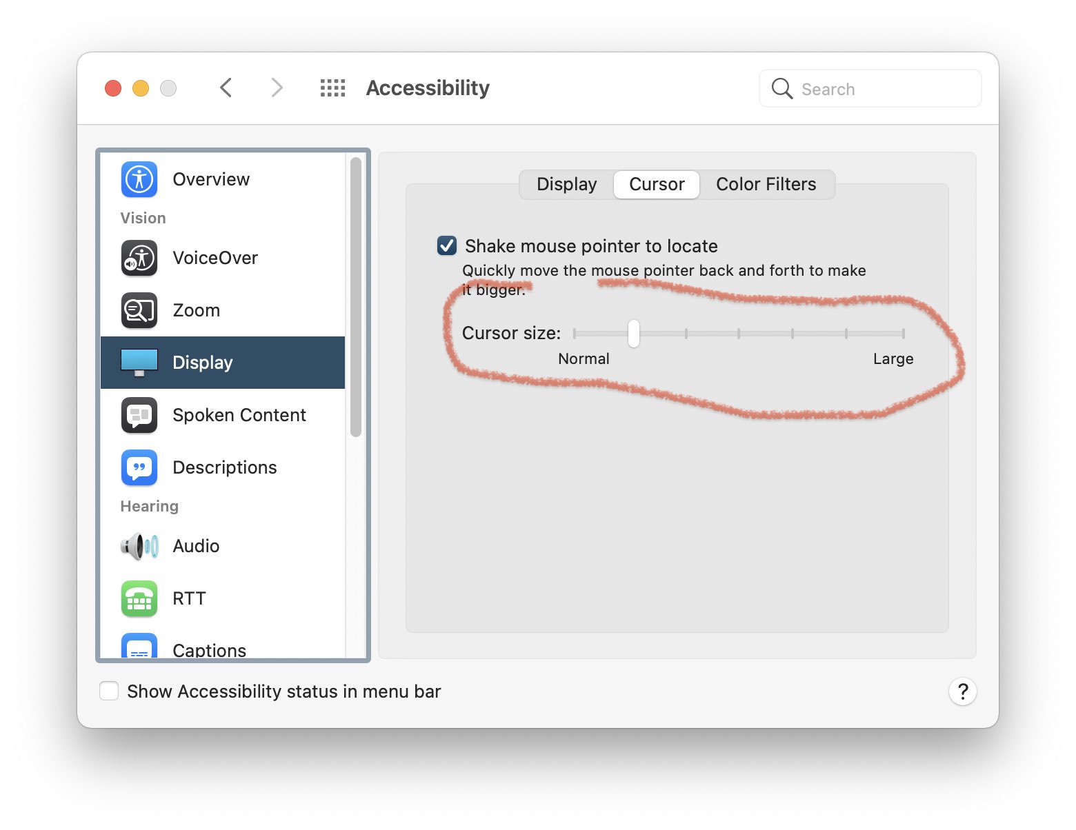 Screenshot of System Preferences: Accessibility: Display: Cursor with the Cursor Size slider adjusted larger by one step.