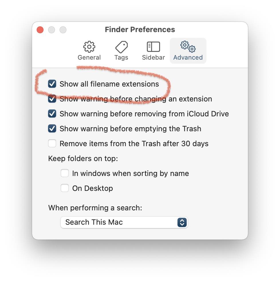Screenshot of Finder Preferences with the Advanced tab selected and Show All Filename Extensions checked.