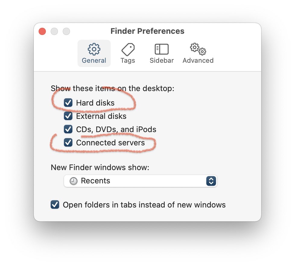 Screenshot of Finder Preferences with the General tab selected. The options for Hard Disks, External Disks, CDs, DVDs, and iPods, and Connected Servers are all checked.