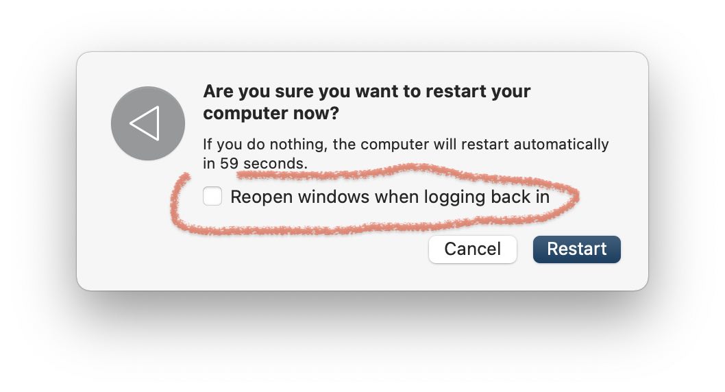 Screenshot showing the option to Reopen Windows When Logging Back In being unchecked.