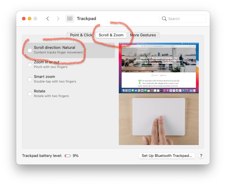 Screenshot of the Trackpad preferences with the Scroll &amp; Zoom tab selected, as well as Scroll Direction:Natural circled and unchecked.