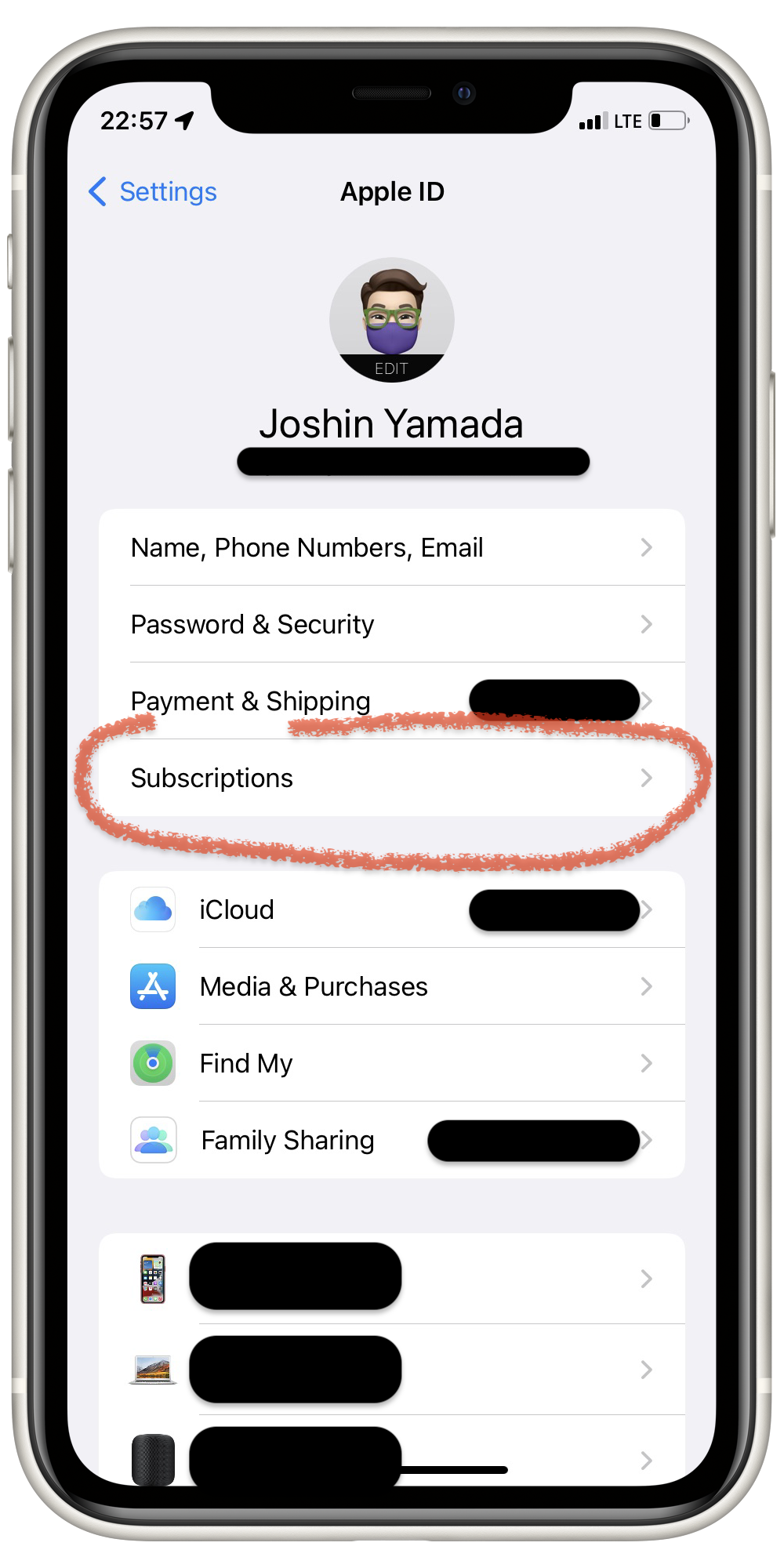 The AppleID/iCloud settings page showing Subscriptions, the fourth button, being highlighted.