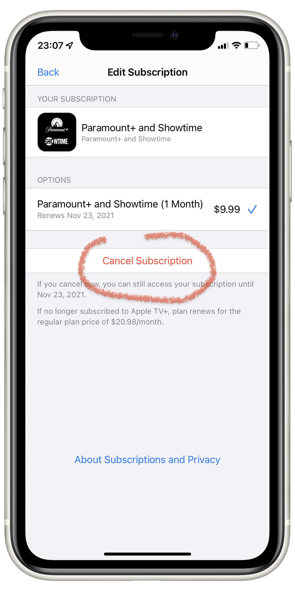 The Edit Subscription page in the settings app. The Cancel Subscription button shows up in prominent, red text. The current subscription renewal/expiration date is also clearly visible.